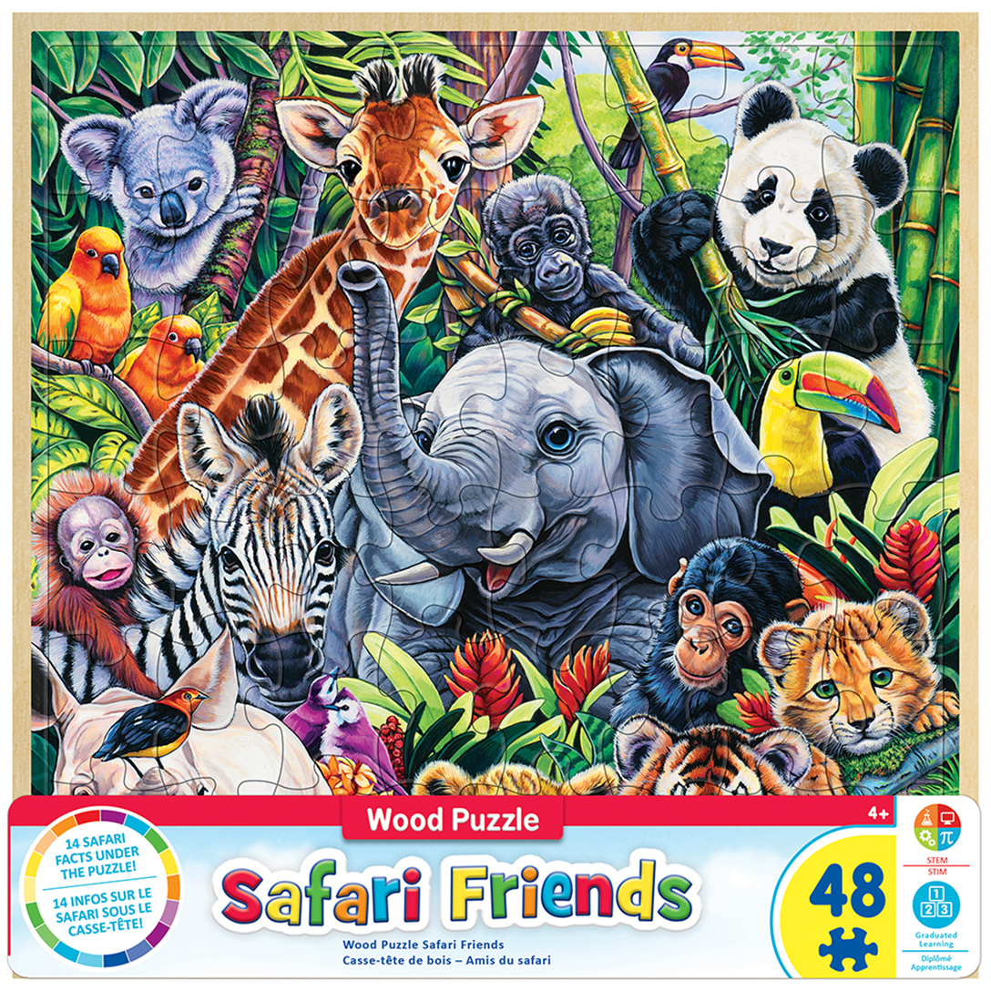 MA-11554 - Wood Fun Facts of Safari Friends - 48 Piece Kids Puzzke